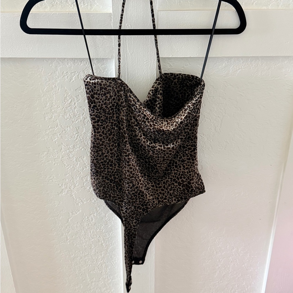 Leopard Print Cowl Neck Bodysuit - Brown & Black